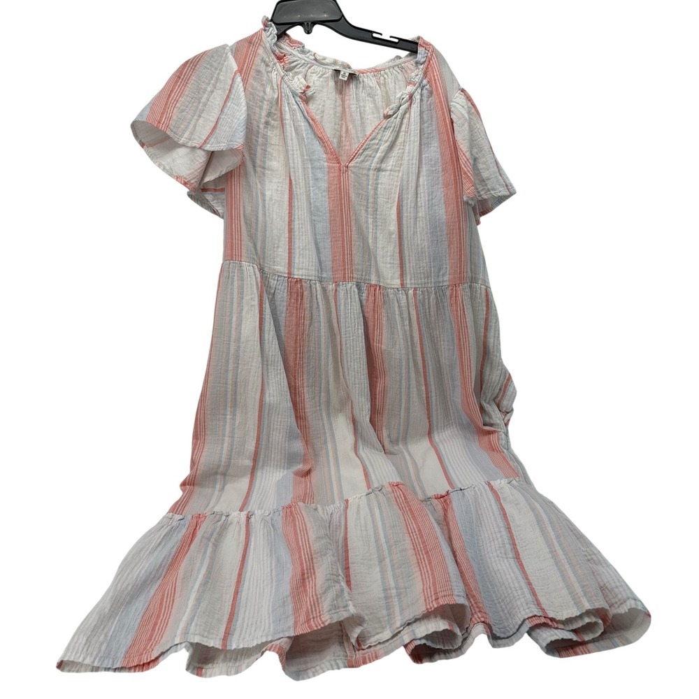 LOFT Striped Cotton Gauze Tiered Midi Dress Flutter Sleeve Coral Blue Large‎
